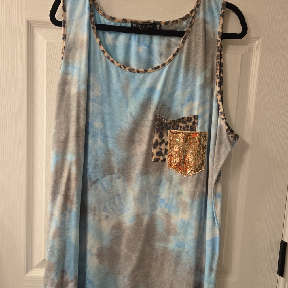 Light Blue Tie-Dye Tank with Leopard Trim & Sequin Pocket